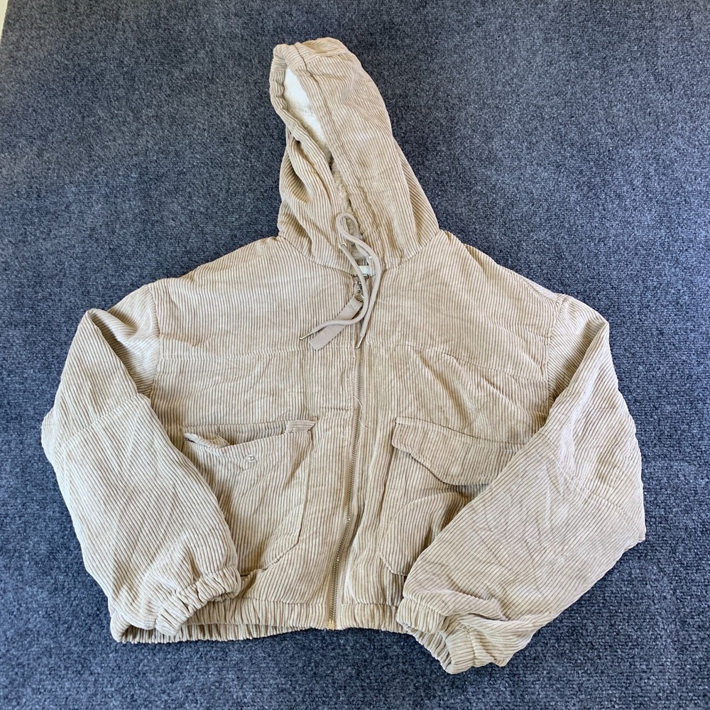 Ashley Corduroy Jacket Womens Large Beige Good Hooded Sherpa Lined Full Zip
